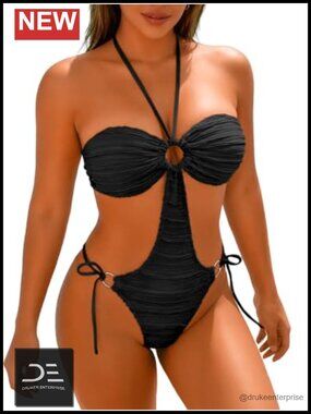 Textured Halter Bandeau Strapless High Cut Cheeky Monokini One Piece Swimsuit